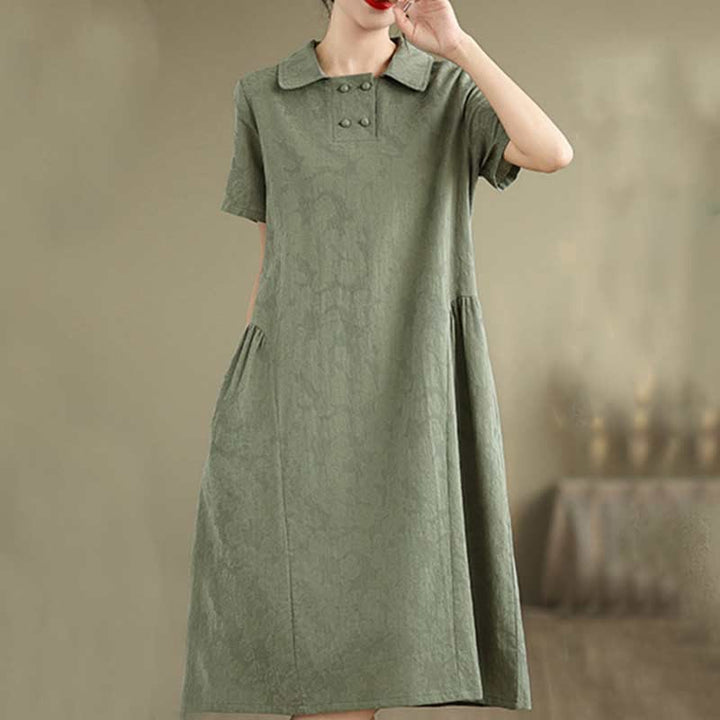 Buddha Stones Plain Jacquard Lapel Cotton Linen Short Sleeve Midi Dress With Pockets - image 10