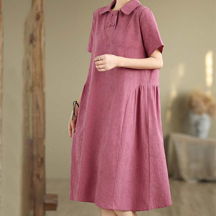 Buddha Stones Plain Jacquard Lapel Cotton Linen Short Sleeve Midi Dress With Pockets - image 2