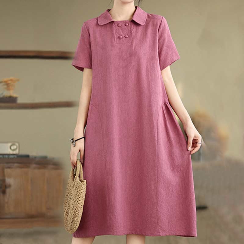 Buddha Stones Plain Jacquard Lapel Cotton Linen Short Sleeve Midi Dress With Pockets - MediumVioletRed - US8-10,UK/AU12-14,EU40-42 (2XL) - image 0