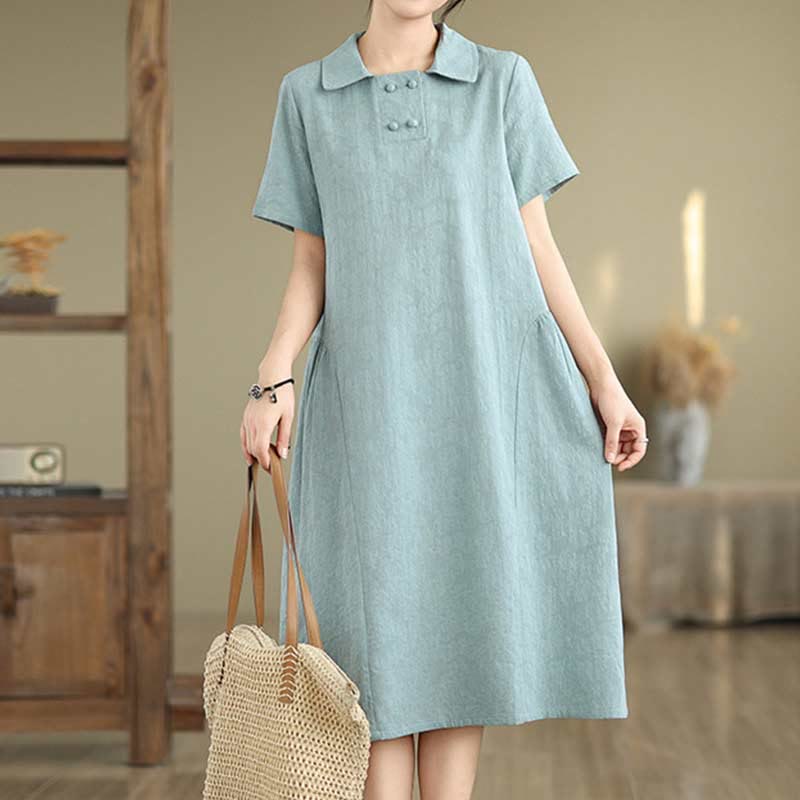 Buddha Stones Plain Jacquard Lapel Cotton Linen Short Sleeve Midi Dress With Pockets - image 23