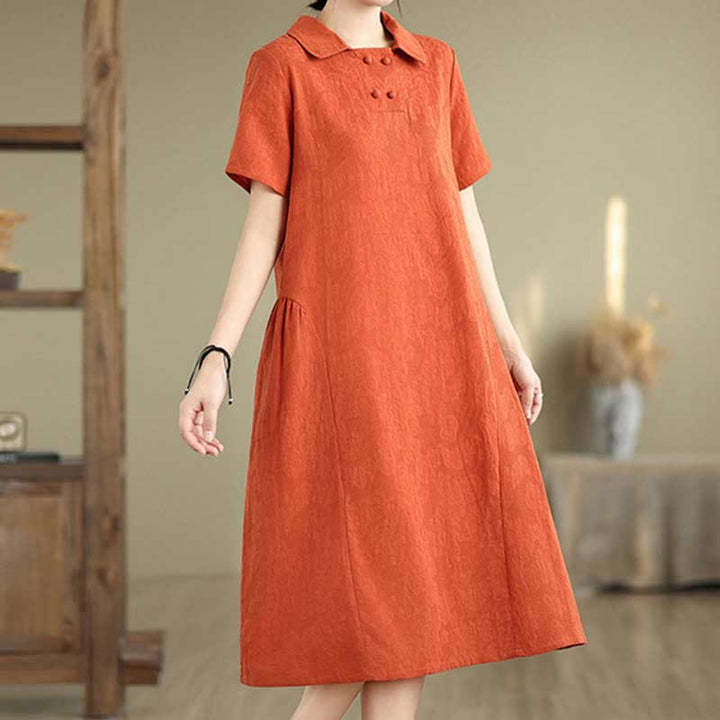 Buddha Stones Plain Jacquard Lapel Cotton Linen Short Sleeve Midi Dress With Pockets - image 14