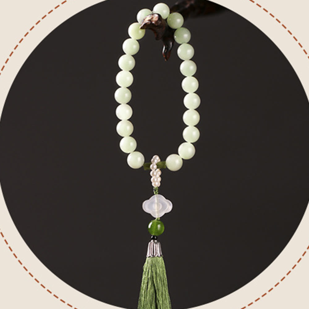 Buddha Stones Green Jade Beads Pearl Prosperity Tassels Wrist Mala