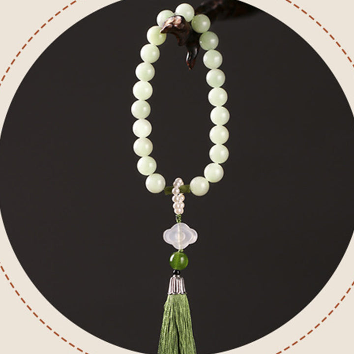 Buddha Stones Green Jade Beads Pearl Prosperity Tassels Wrist Mala