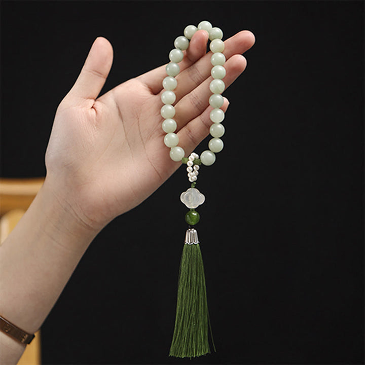 Buddha Stones Green Jade Beads Pearl Prosperity Tassels Wrist Mala