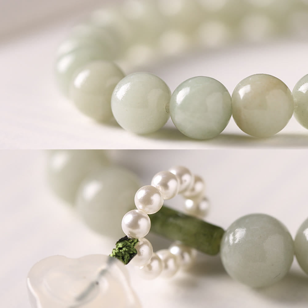 Buddha Stones Green Jade Beads Pearl Prosperity Tassels Wrist Mala