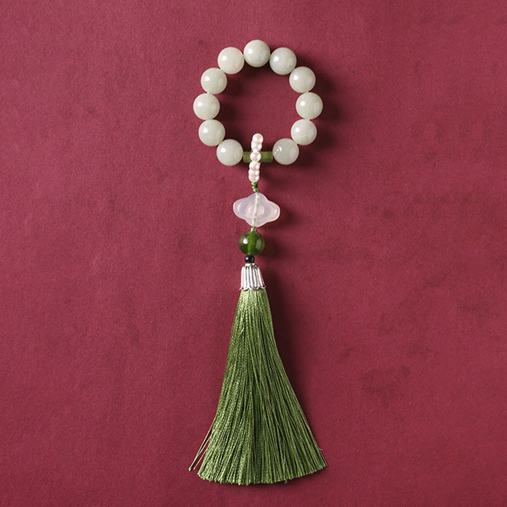 Buddha Stones Green Jade Beads Pearl Prosperity Tassels Wrist Mala