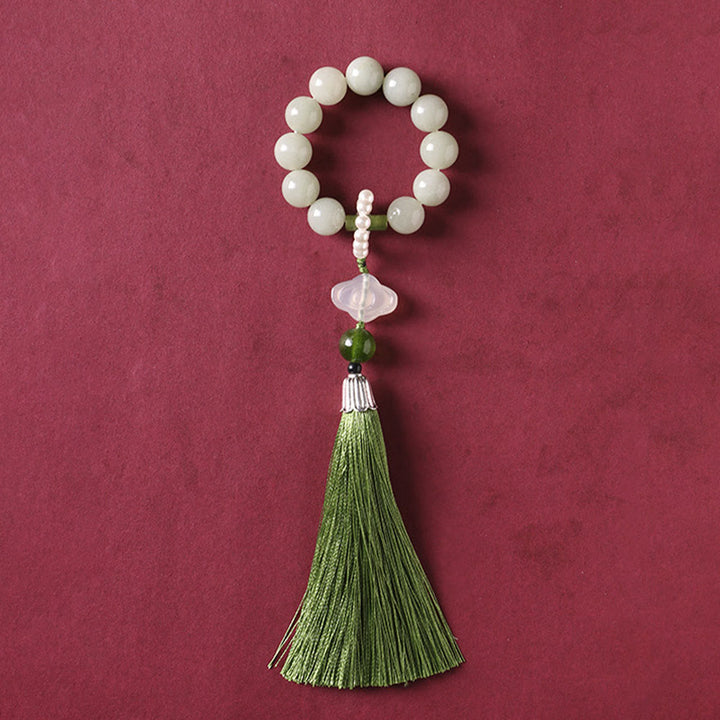 Buddha Stones Green Jade Beads Pearl Prosperity Tassels Wrist Mala