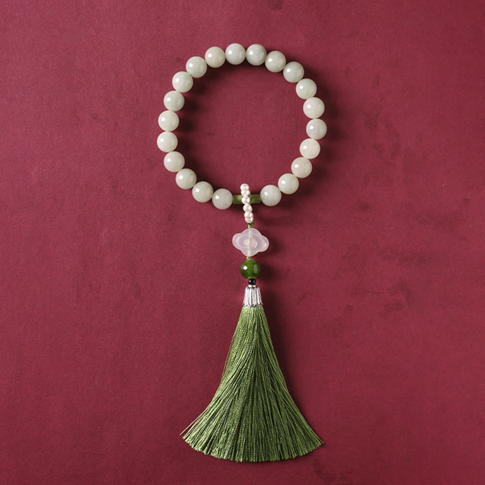 Buddha Stones Green Jade Beads Pearl Prosperity Tassels Wrist Mala
