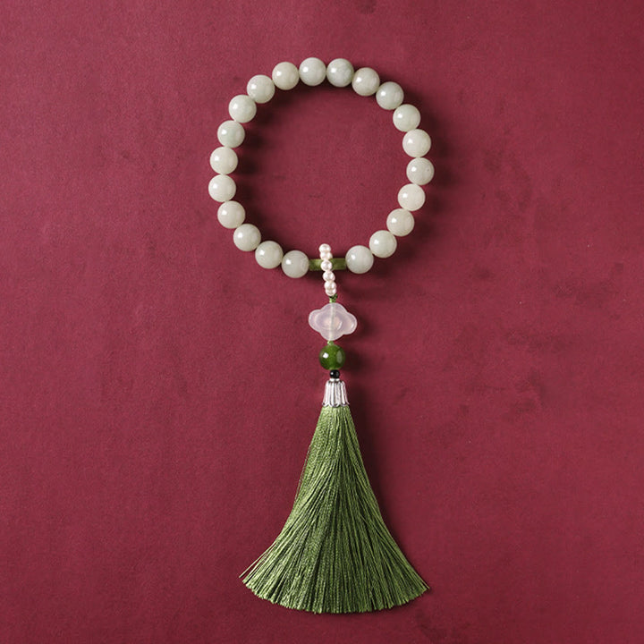 Buddha Stones Green Jade Beads Pearl Prosperity Tassels Wrist Mala