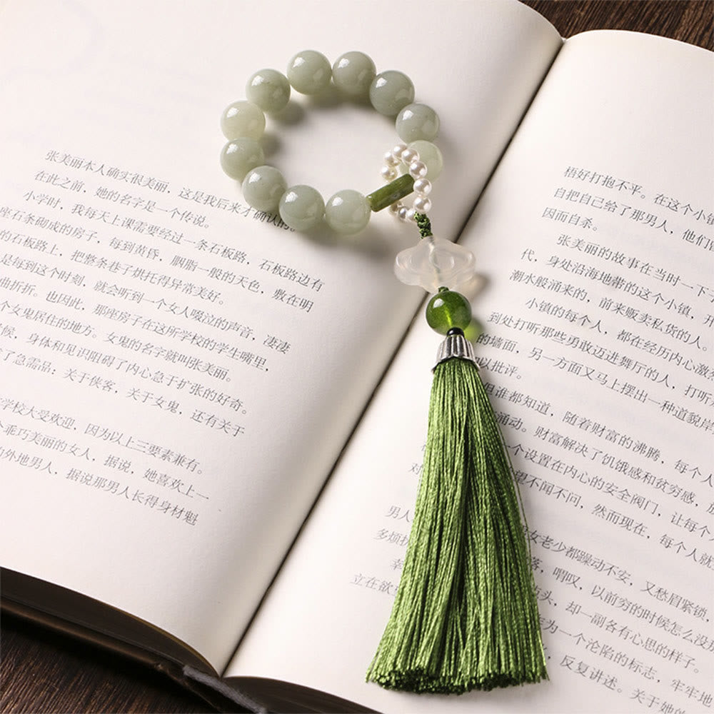 Buddha Stones Green Jade Beads Pearl Prosperity Tassels Wrist Mala