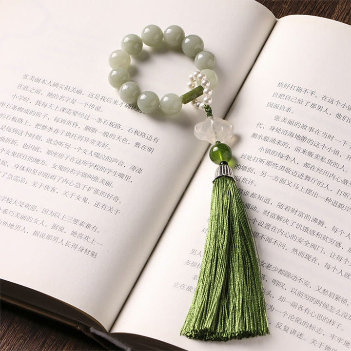 Buddha Stones Green Jade Beads Pearl Prosperity Tassels Wrist Mala