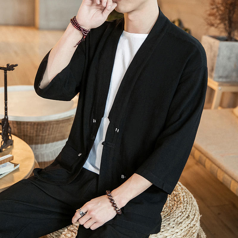 Buddha Stones Plain Chinese Frog-Button Jacket Cotton Linen Men's Three Quarter Sleeve Kimono - Black - US/UK/AU46,EU56 (5XL) - image 8