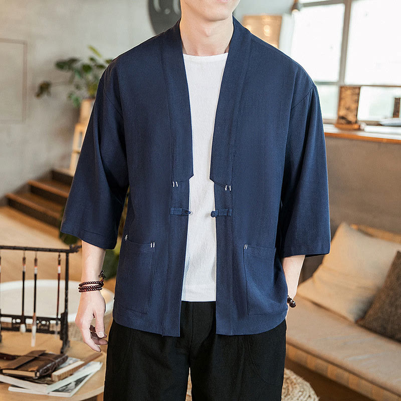 Buddha Stones Plain Chinese Frog-Button Jacket Cotton Linen Men's Three Quarter Sleeve Kimono - image 2