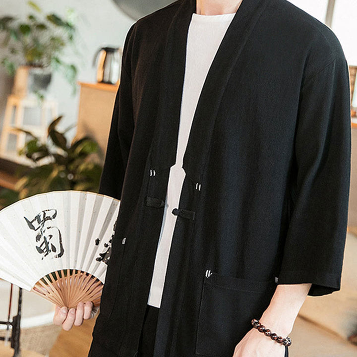 Buddha Stones Plain Chinese Frog-Button Jacket Cotton Linen Men's Three Quarter Sleeve Kimono - image 14