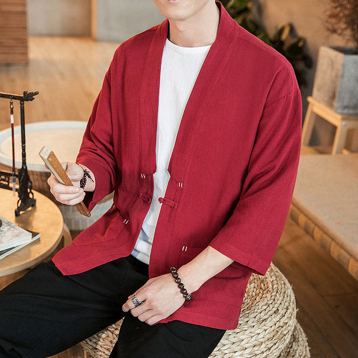 Buddha Stones Plain Chinese Frog-Button Jacket Cotton Linen Men's Three Quarter Sleeve Kimono - Crimson - US/UK/AU46,EU56 (5XL) - image 20