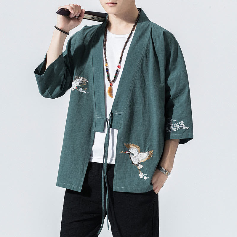 Buddha Stones Embroidery Open Front Jacket Cotton Linen Men's Three Quarter Sleeve Kimono - CadetBlue - US/UK/AU46,EU56 (5XL) - image 24
