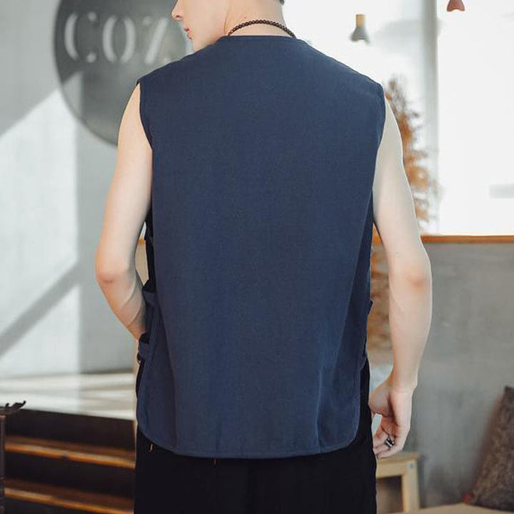 Buddha Stones Casual Chinese Frog-Button Men's Cotton Vest Waistcoat With Pockets