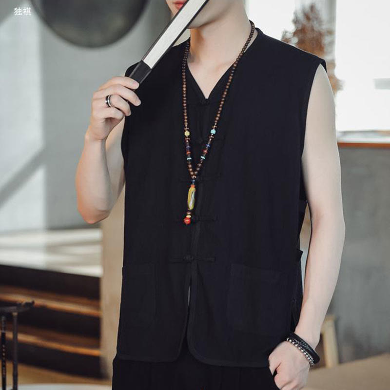 Buddha Stones Casual Chinese Frog-Button Men's Cotton Vest Waistcoat With Pockets