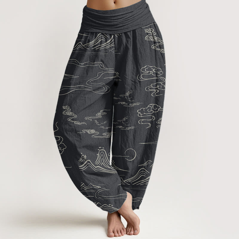 Buddha Stones Pure Cotton Mountain Moon Auspicious Clouds Pattern Women's Elastic Waist Harem Pants