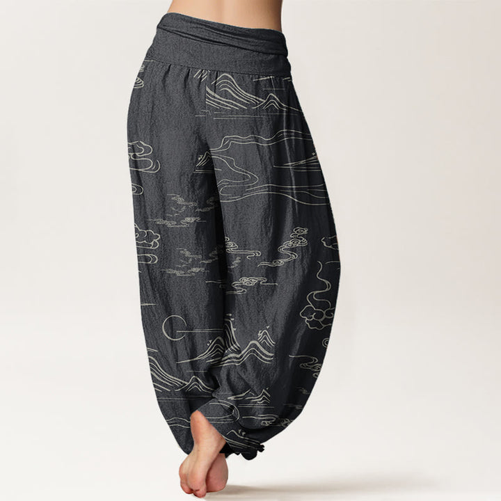 Buddha Stones Pure Cotton Mountain Moon Auspicious Clouds Pattern Women's Elastic Waist Harem Pants