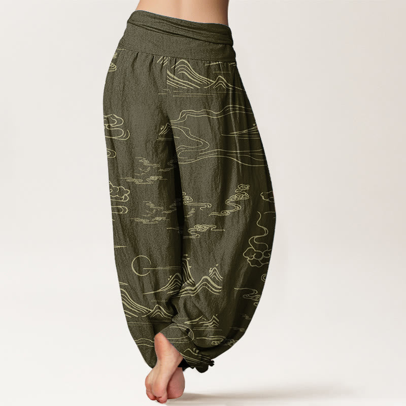 Buddha Stones Pure Cotton Mountain Moon Auspicious Clouds Pattern Women's Elastic Waist Harem Pants