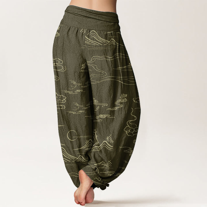 Buddha Stones Pure Cotton Mountain Moon Auspicious Clouds Pattern Women's Elastic Waist Harem Pants
