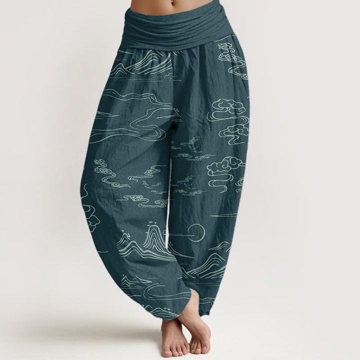 Buddha Stones Pure Cotton Mountain Moon Auspicious Clouds Pattern Women's Elastic Waist Harem Pants