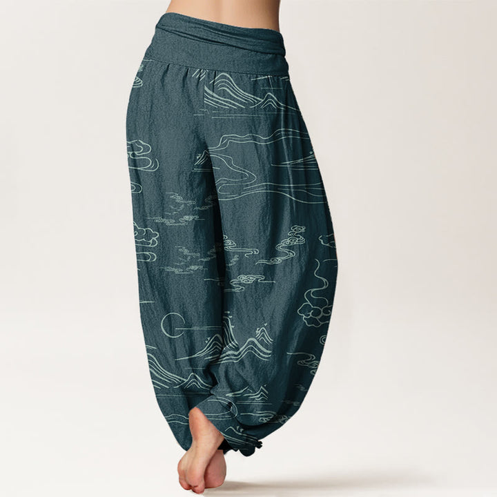 Buddha Stones Pure Cotton Mountain Moon Auspicious Clouds Pattern Women's Elastic Waist Harem Pants