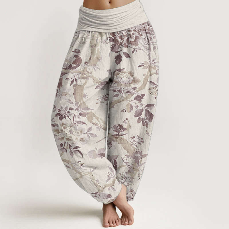 Buddha Stones Pure Cotton Birds Branches Flowers Pattern Women's Elastic Waist Harem Pants