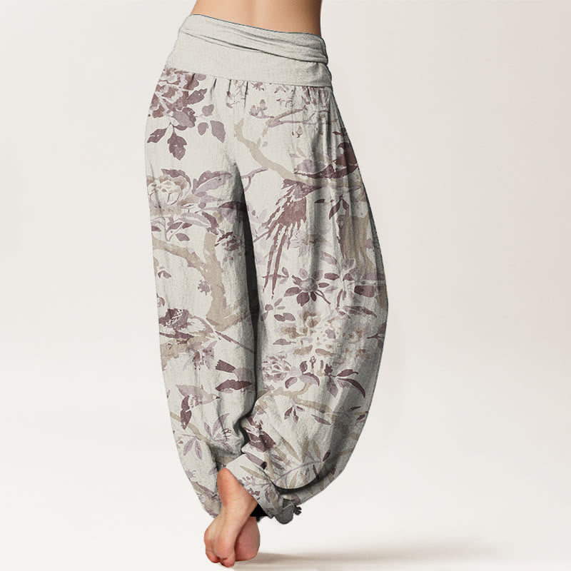 Buddha Stones Pure Cotton Birds Branches Flowers Pattern Women's Elastic Waist Harem Pants