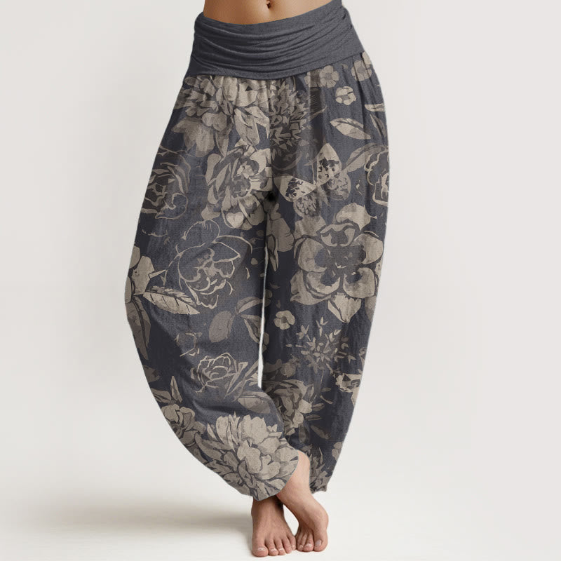 Buddha Stones Pure Cotton Casual Peony Flowers Leaves Women's Elastic Waist Harem Pants
