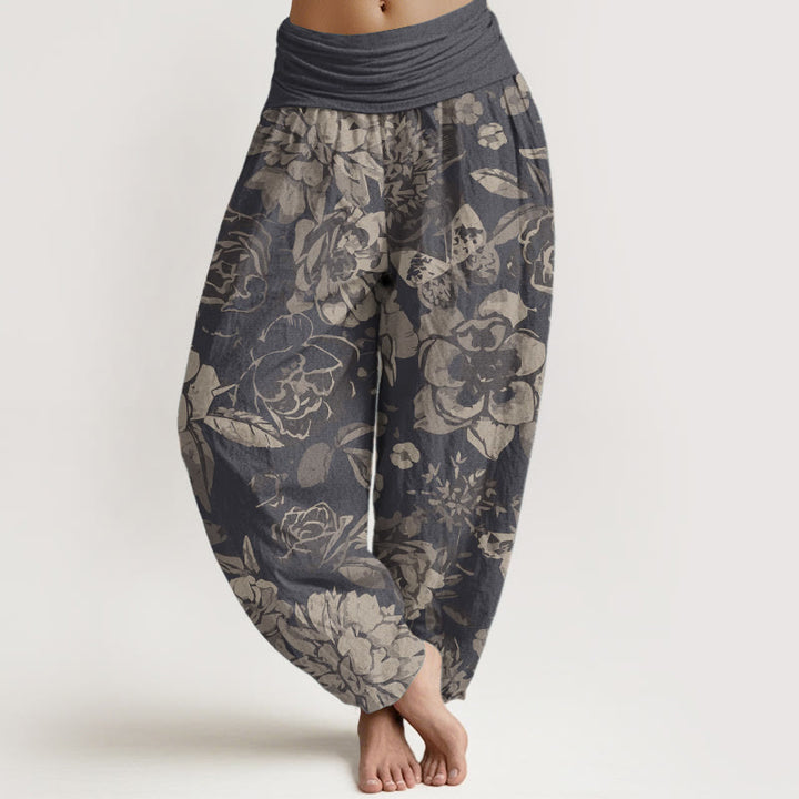 Buddha Stones Pure Cotton Casual Peony Flowers Leaves Women's Elastic Waist Harem Pants