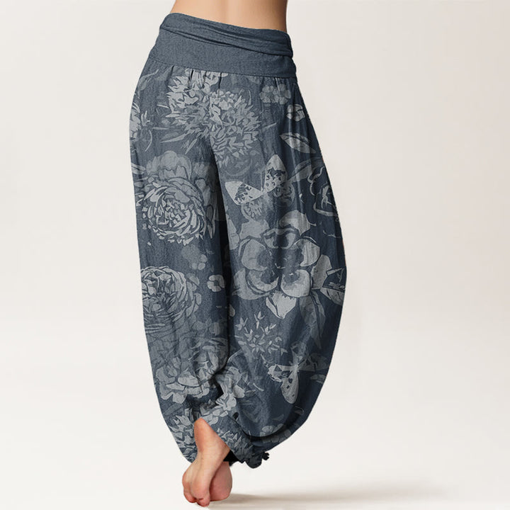 Buddha Stones Pure Cotton Casual Peony Flowers Leaves Women's Elastic Waist Harem Pants