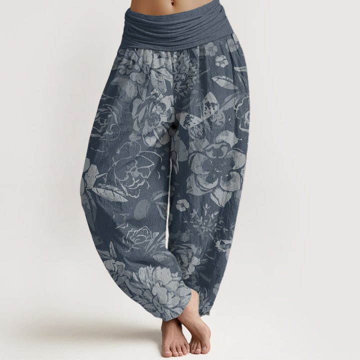 Buddha Stones Pure Cotton Casual Peony Flowers Leaves Women's Elastic Waist Harem Pants
