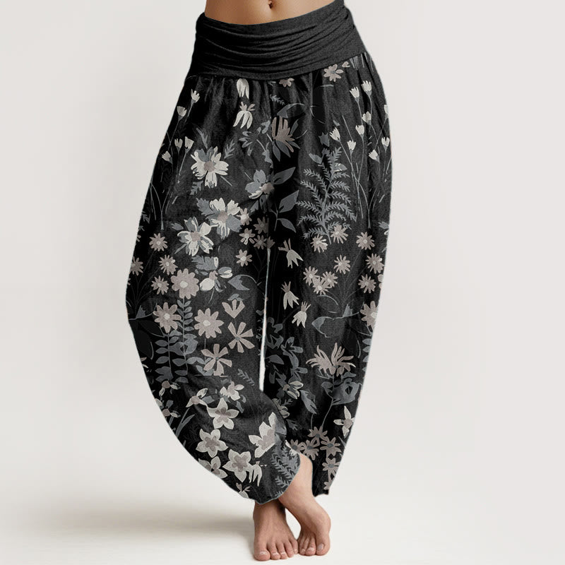 Buddha Stones Pure Cotton Casual Daisy Flowers Leaves Design Women's Elastic Waist Harem Pants