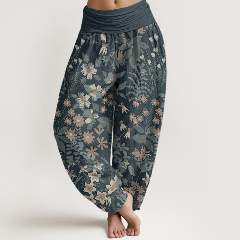 Buddha Stones Pure Cotton Casual Daisy Flowers Leaves Design Women's Elastic Waist Harem Pants