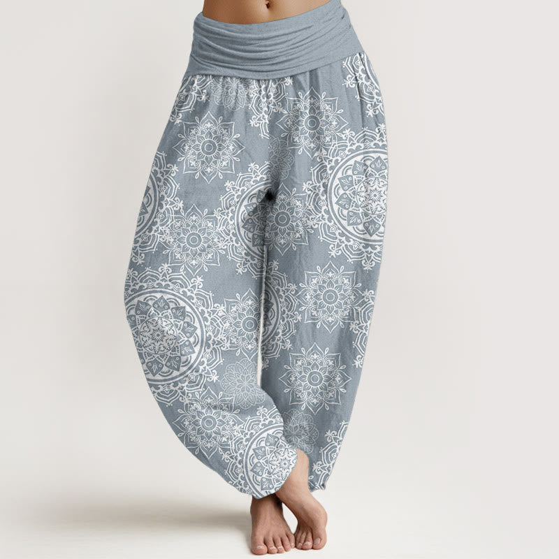 Buddha Stones Pure Cotton Casual White Mandala Flower Design Women's Elastic Waist Harem Pants