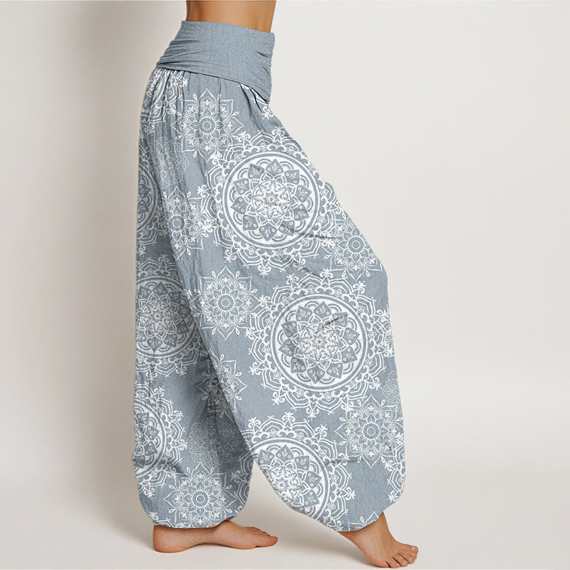 Buddha Stones Pure Cotton Casual White Mandala Flower Design Women's Elastic Waist Harem Pants