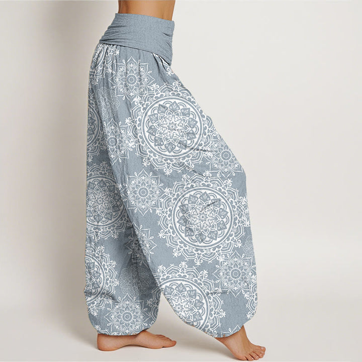 Buddha Stones Pure Cotton Casual White Mandala Flower Design Women's Elastic Waist Harem Pants