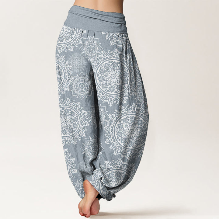 Buddha Stones Pure Cotton Casual White Mandala Flower Design Women's Elastic Waist Harem Pants
