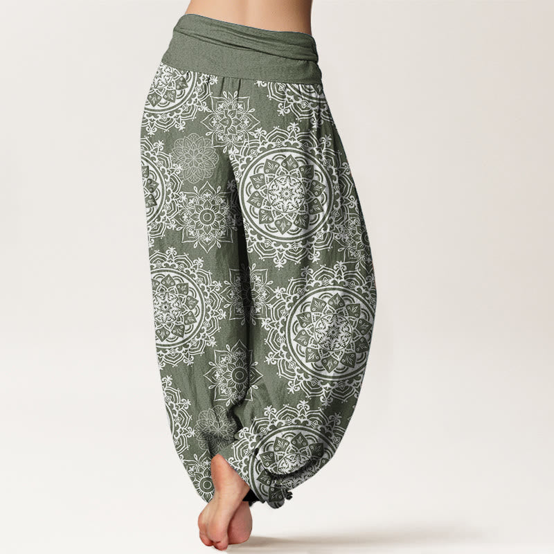 Buddha Stones Pure Cotton Casual White Mandala Flower Design Women's Elastic Waist Harem Pants