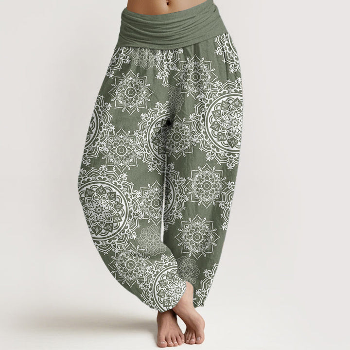 Buddha Stones Pure Cotton Casual White Mandala Flower Design Women's Elastic Waist Harem Pants