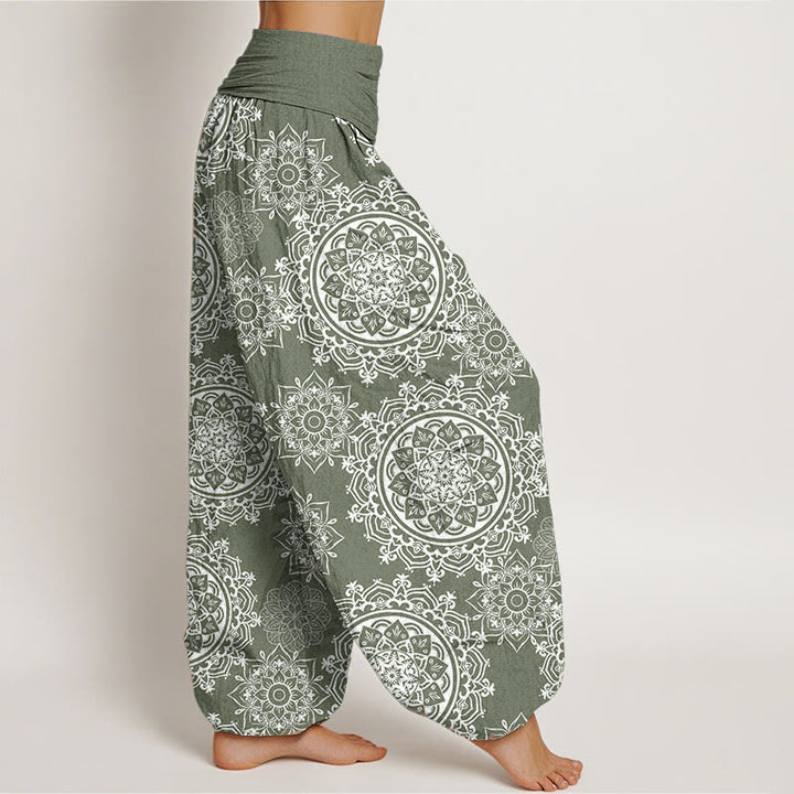 Buddha Stones Pure Cotton Casual White Mandala Flower Design Women's Elastic Waist Harem Pants
