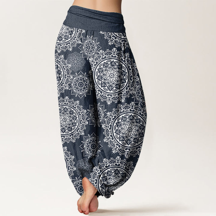 Buddha Stones Pure Cotton Casual White Mandala Flower Design Women's Elastic Waist Harem Pants