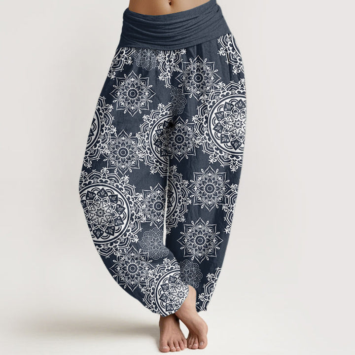 Buddha Stones Pure Cotton Casual White Mandala Flower Design Women's Elastic Waist Harem Pants