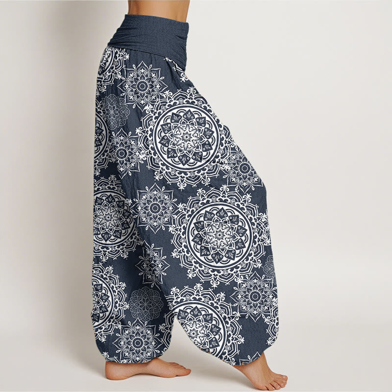 Buddha Stones Pure Cotton Casual White Mandala Flower Design Women's Elastic Waist Harem Pants