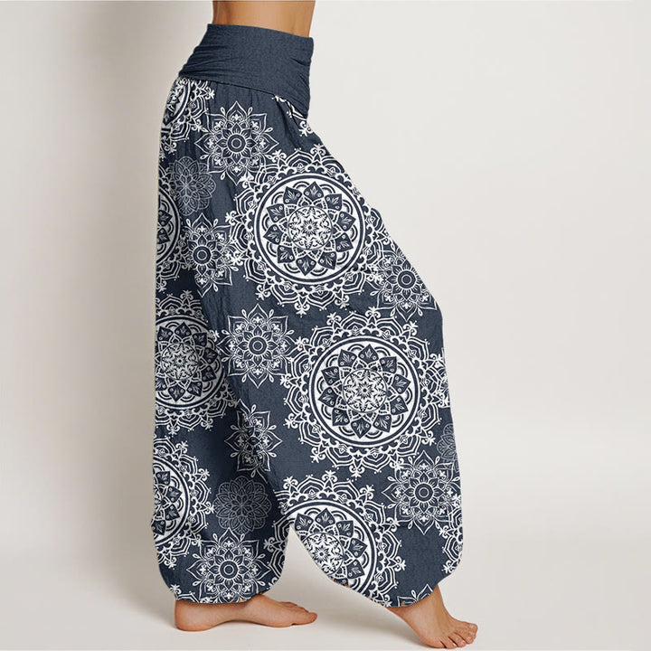 Buddha Stones Pure Cotton Casual White Mandala Flower Design Women's Elastic Waist Harem Pants