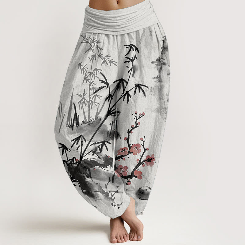 Buddha Stones Pure Cotton Plum Blossoms Bamboo Orchids Chrysanthemums Pattern Women's Elastic Waist Harem Pants