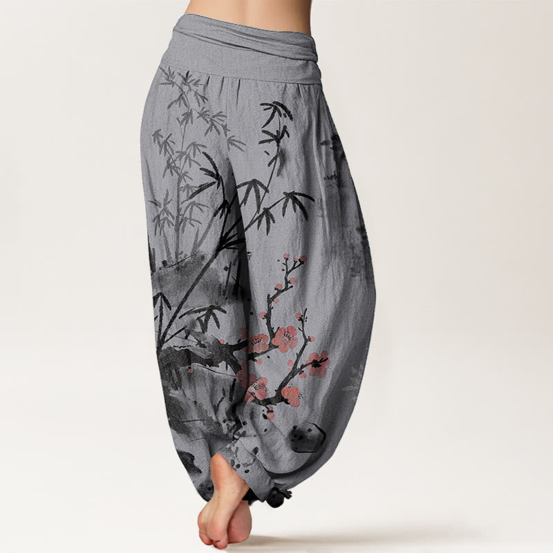 Buddha Stones Pure Cotton Plum Blossoms Bamboo Orchids Chrysanthemums Pattern Women's Elastic Waist Harem Pants
