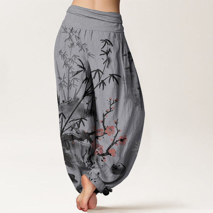 Buddha Stones Pure Cotton Plum Blossoms Bamboo Orchids Chrysanthemums Pattern Women's Elastic Waist Harem Pants
